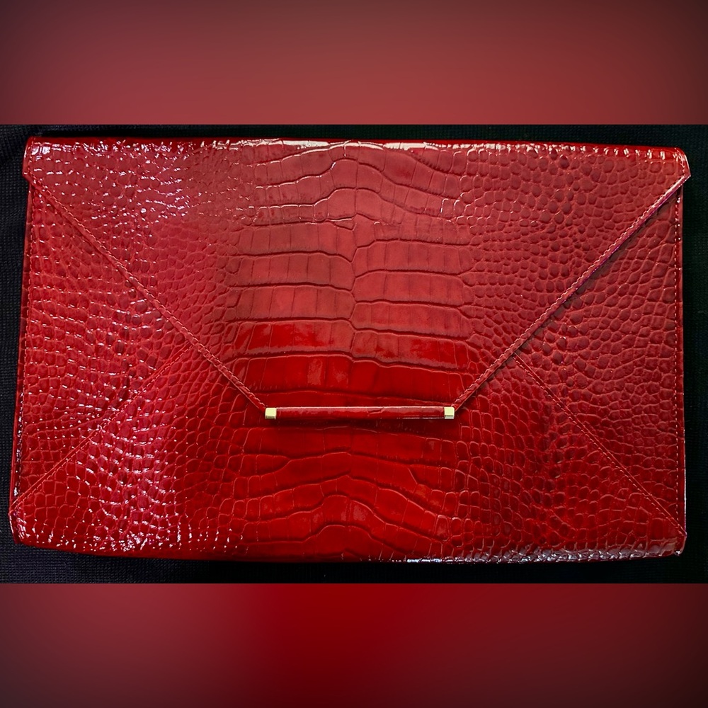 Abas Red Patent Leather Crocodile Embossed Clutch NEW with dust bag